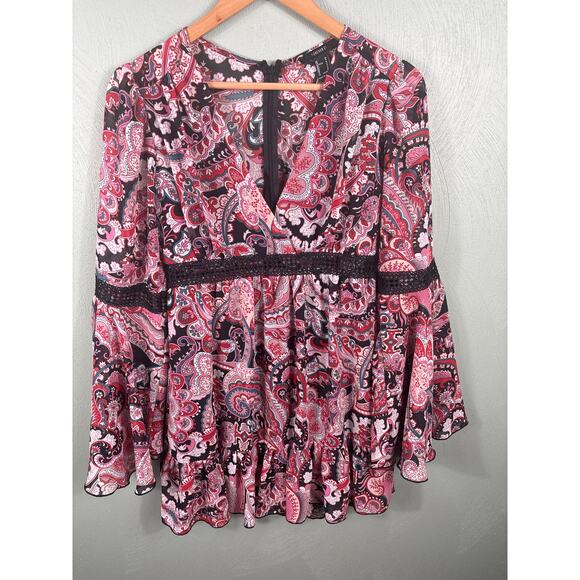 Forever 21 Women's Size Medium Pink Ruffles Paisley Print Bell Sleeve Mini Dress - Picture 9 of 11